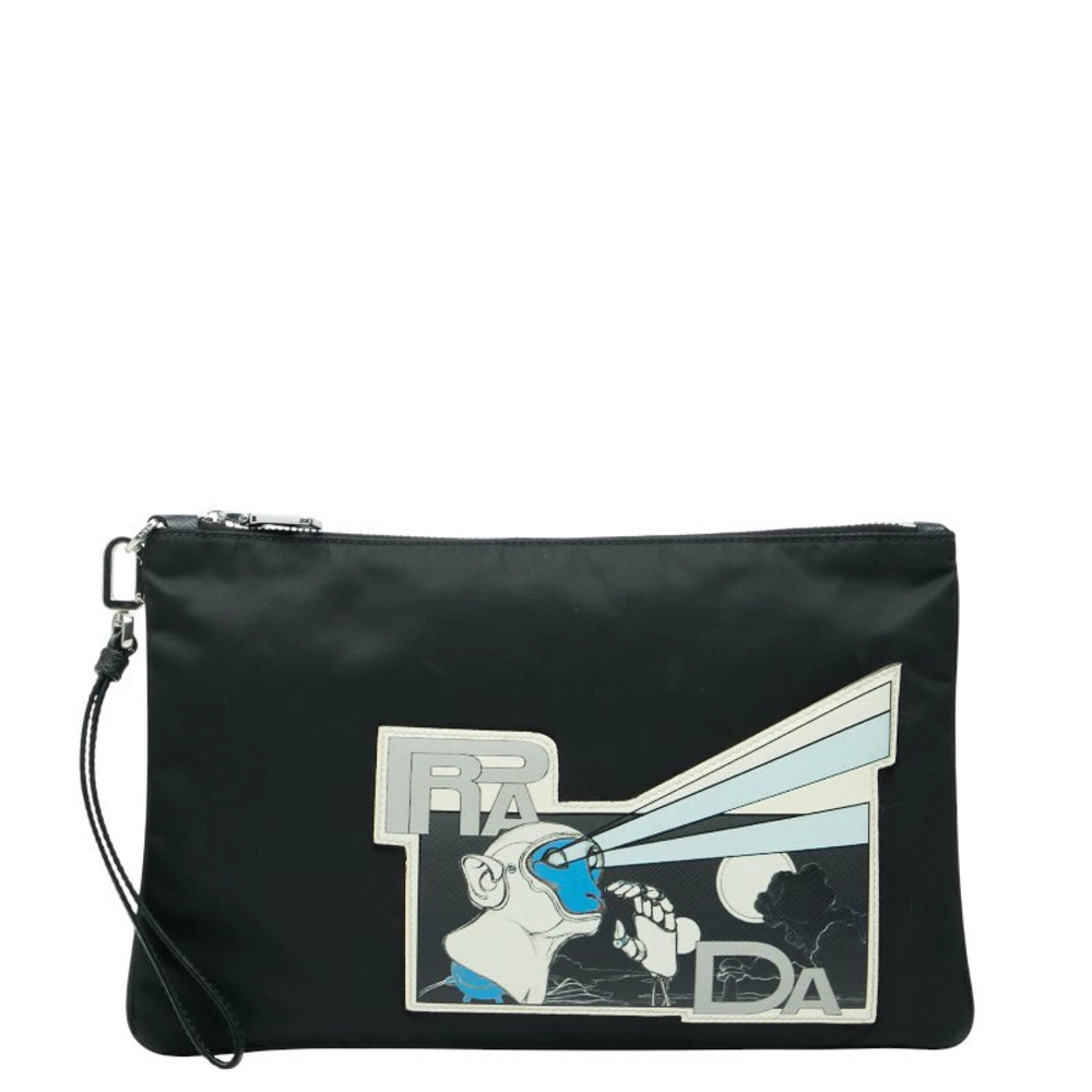 Prada Monkey Robot Clutch Bag Shoulder Black Multicolor Saffiano Leather